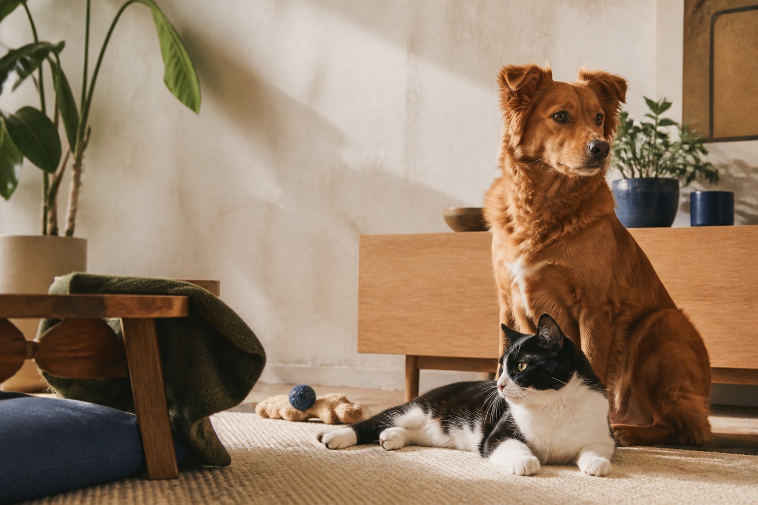 A dog and cat resting together at home